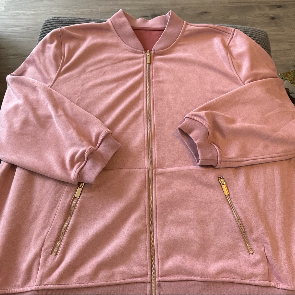 Joy Clean Boss Luxurious Faux Suede Reversible Bomber Jacket Pink Size 3x New